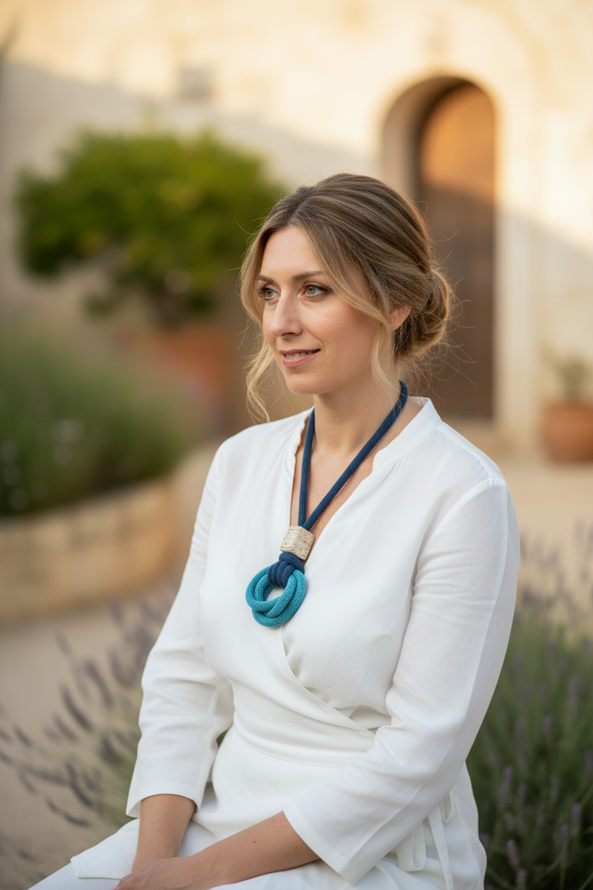 ARMONIA – blu teal – modella – sfondo naturale