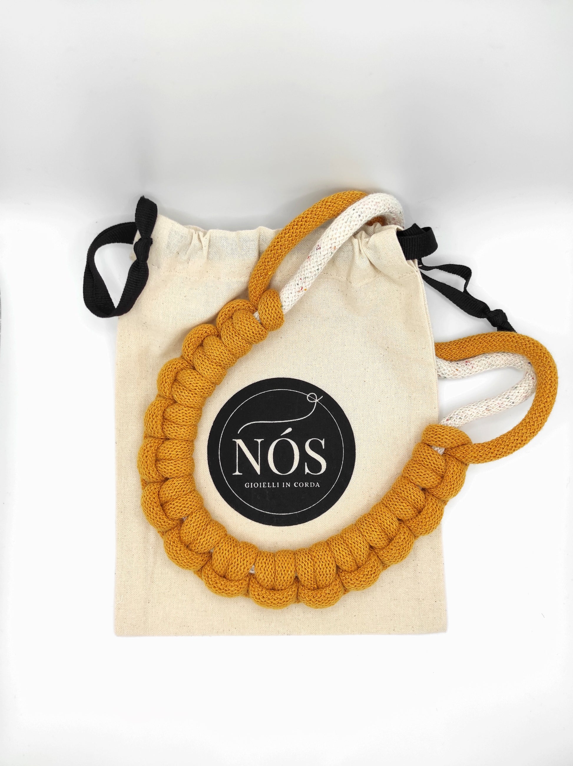 Collana di cotone modello Diana, colori mustard e rainbow dust