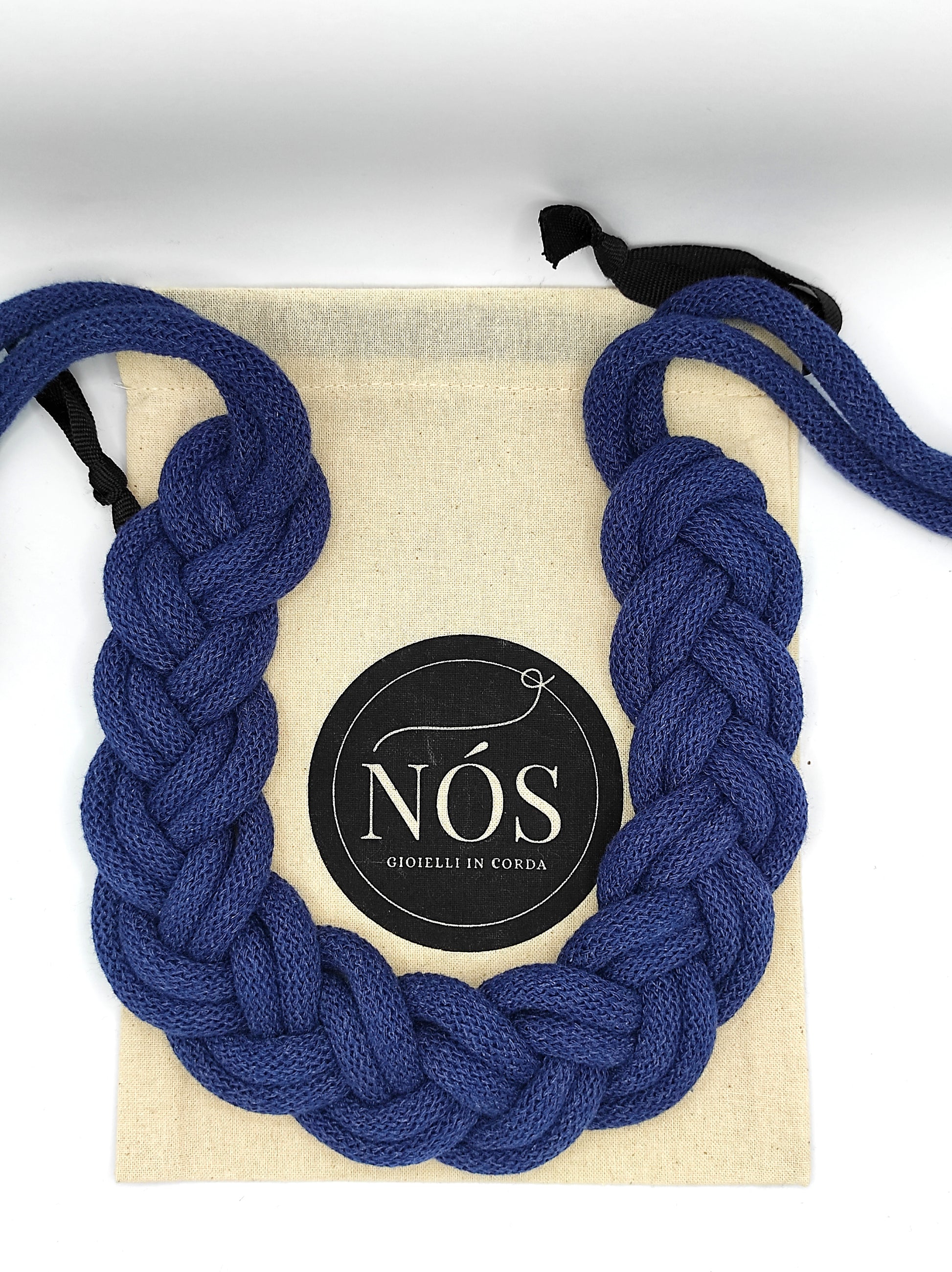 Collana in cotone ecologico, modello Minerva, color jeans.