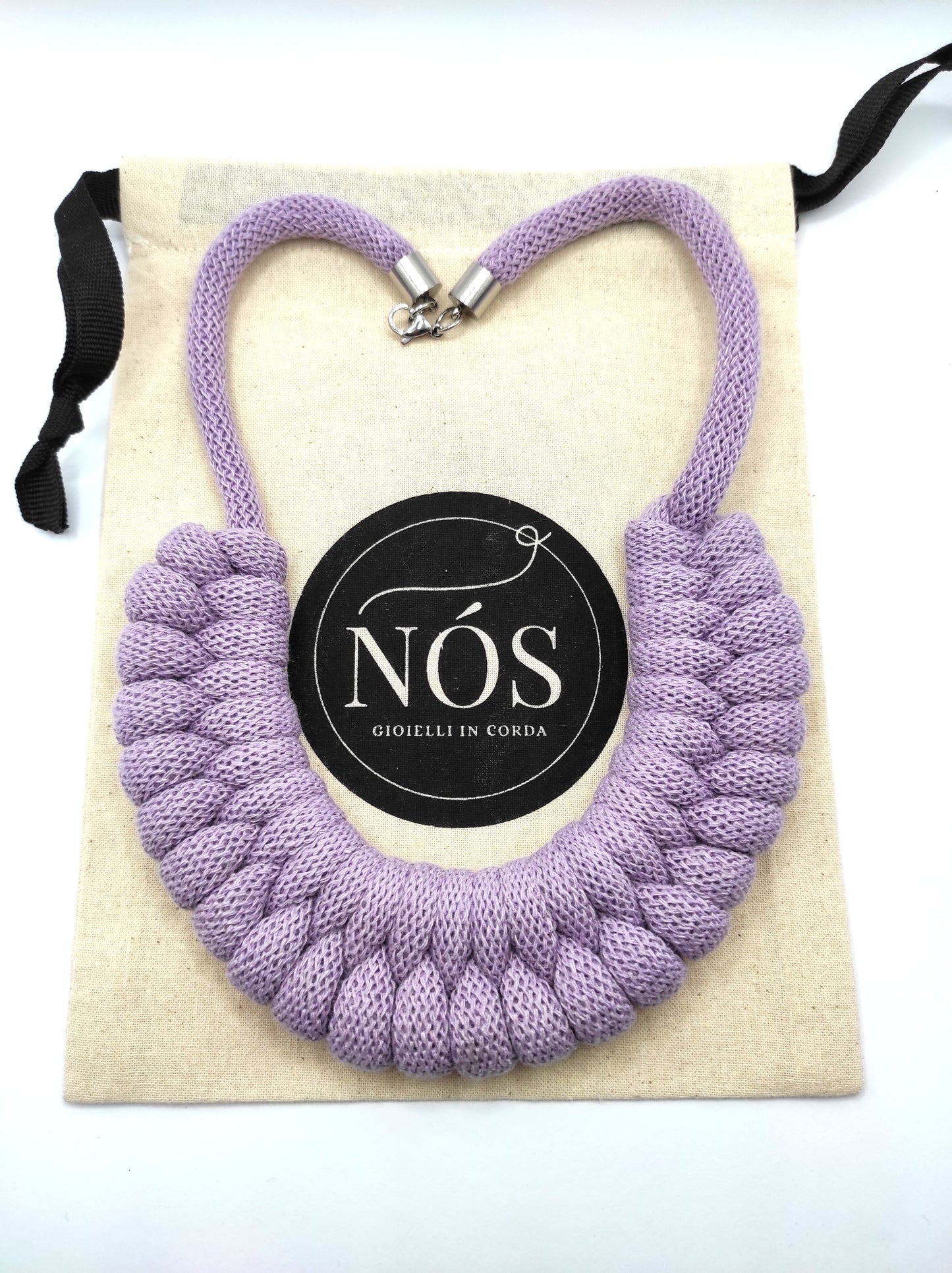 Collana in cotone ecologico, modello Venere, color lavender. 