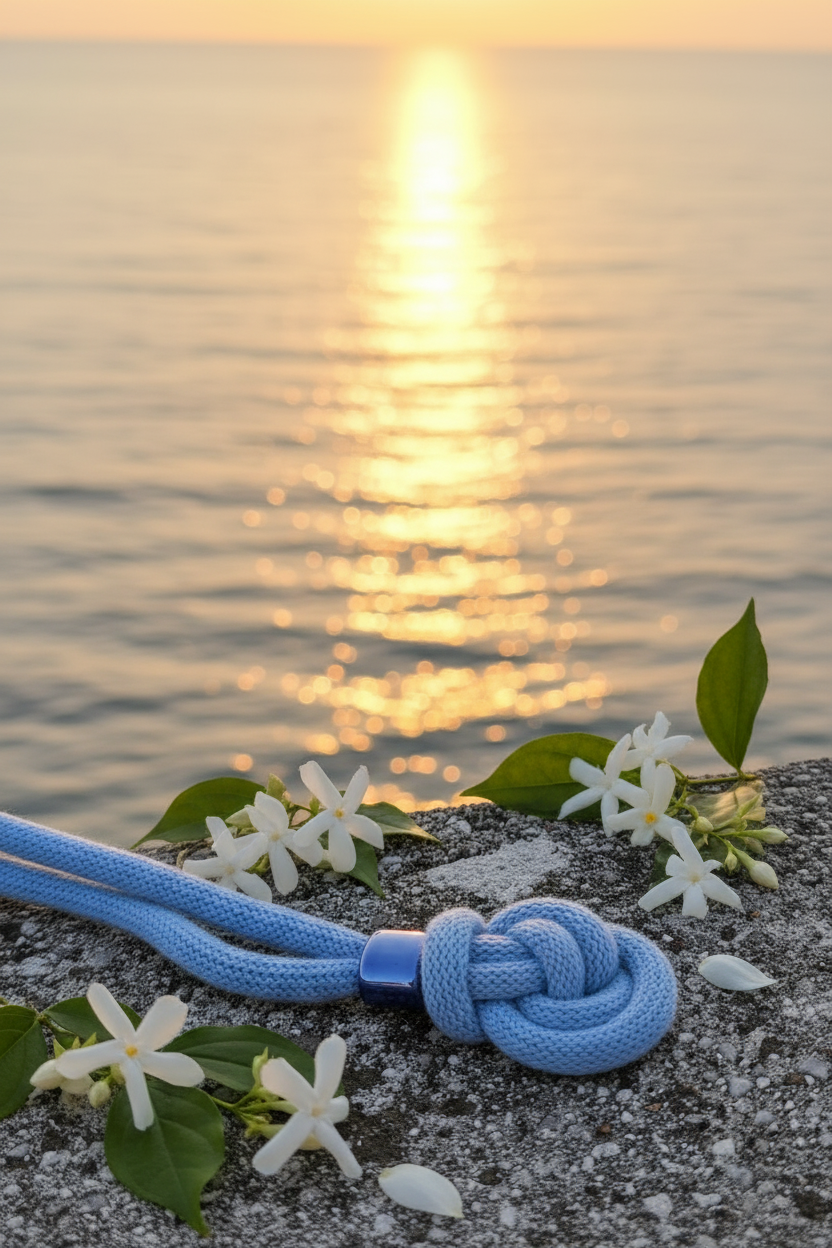 Collana blu - gelsomino sul muretto mare sullo sfondo