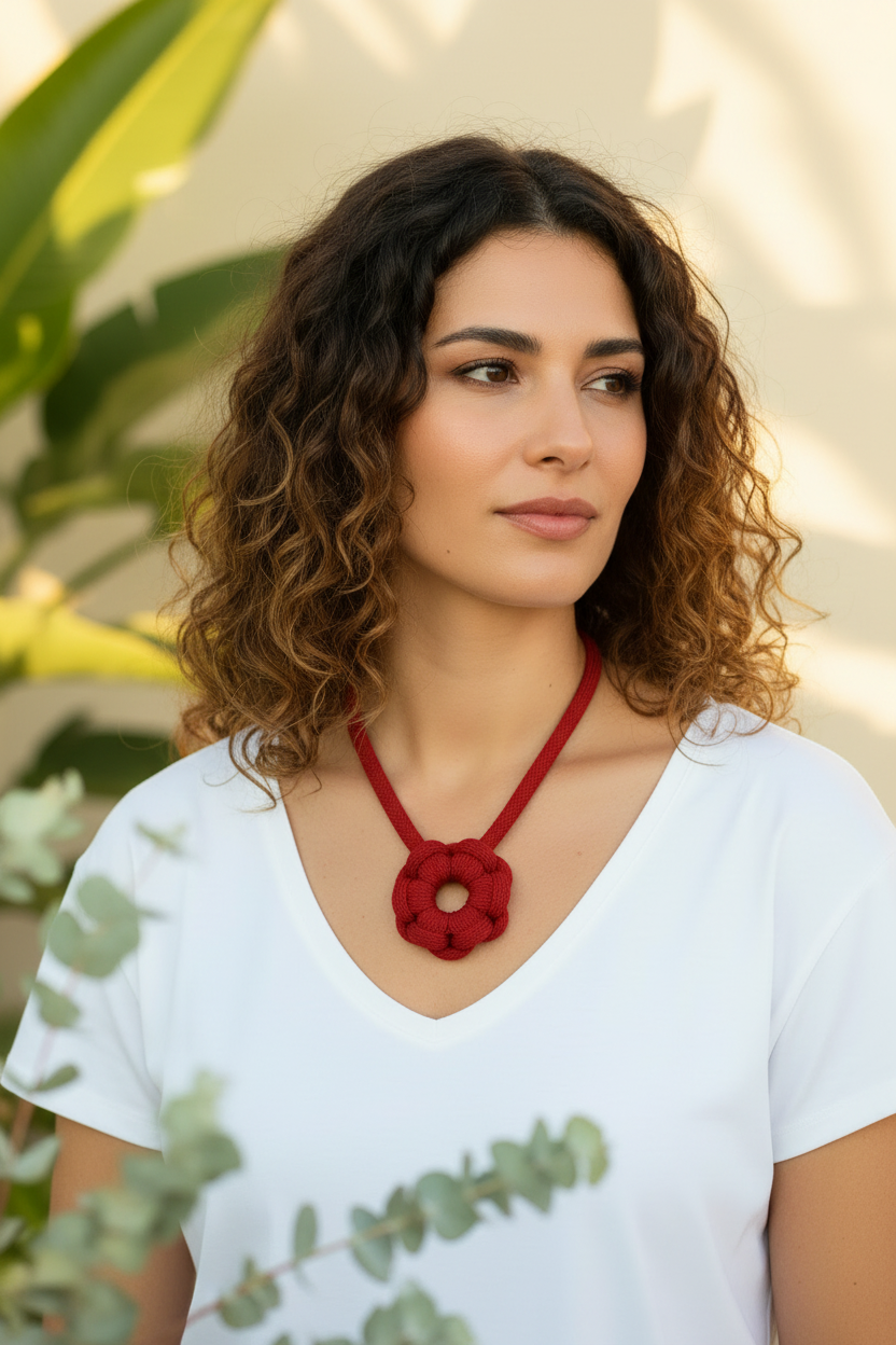 Collana Fiore rosso classico - nuova modella mediterranea con sfondo botanico