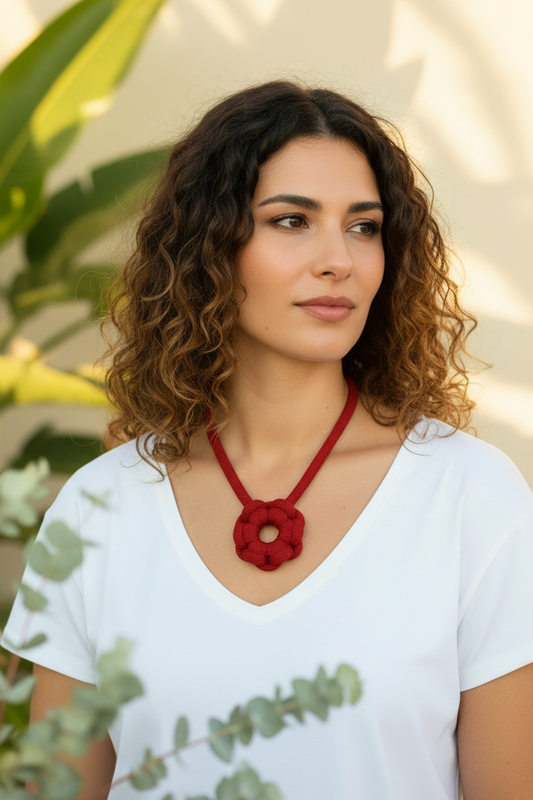 Collana Fiore rosso classico - nuova modella mediterranea con sfondo botanico