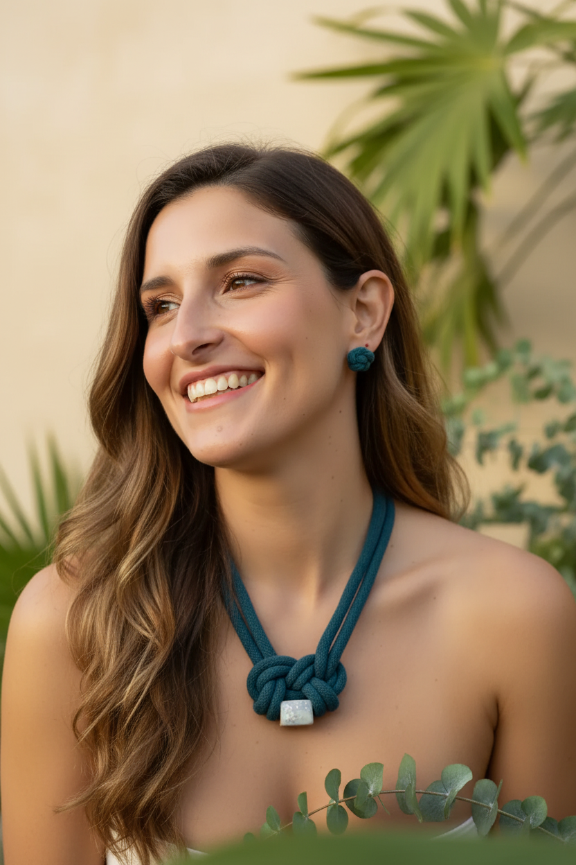Collana Scrigno Teal - foto migliorata sfondo botanico luce dorata