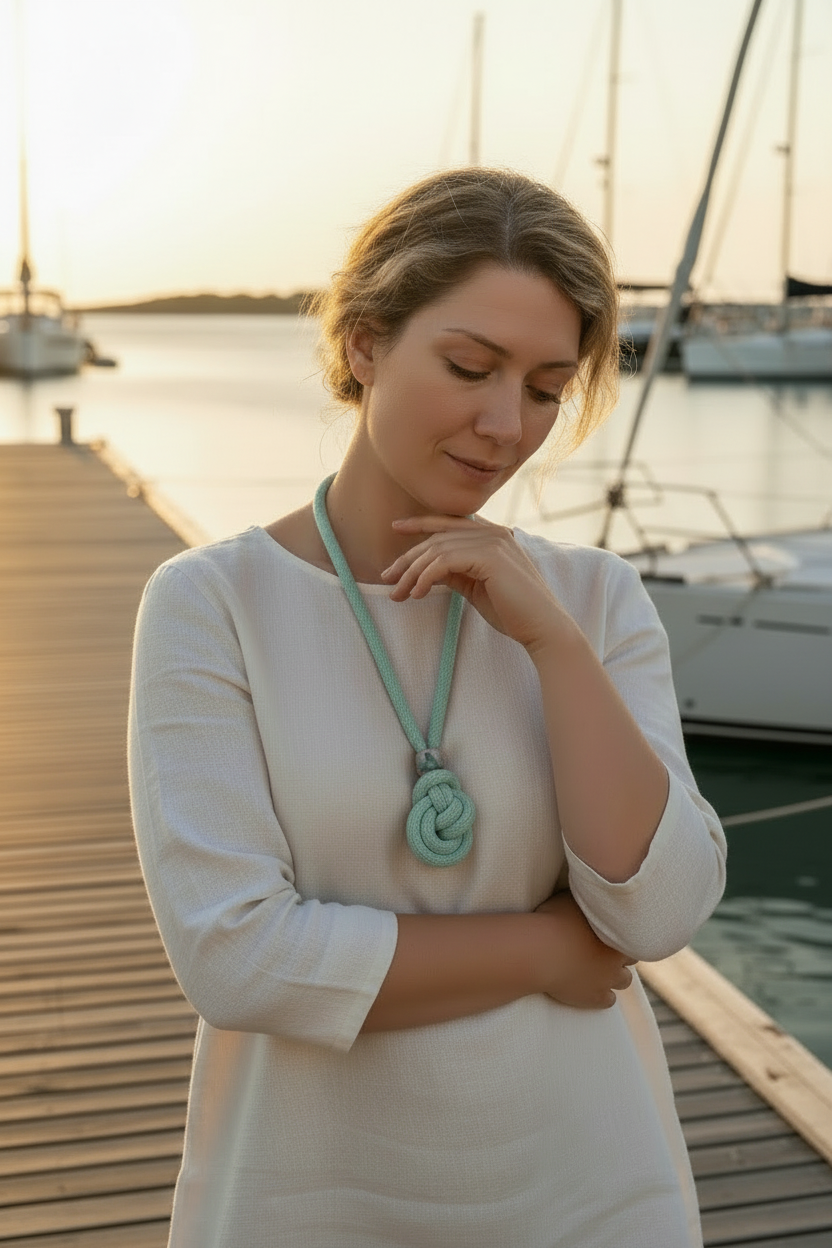 Modella - tocca la collana come un amuleto